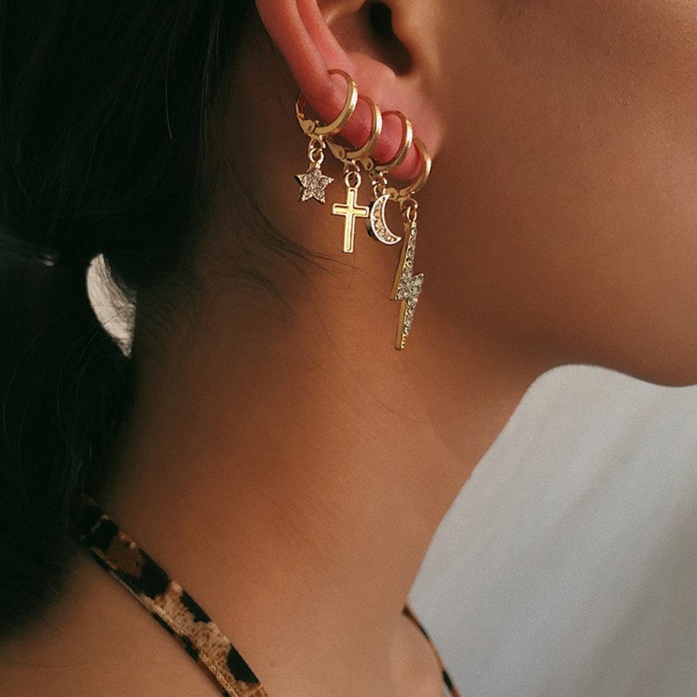 Stars Cross 4 Huggie Earrings Set - Picture 1 of 8